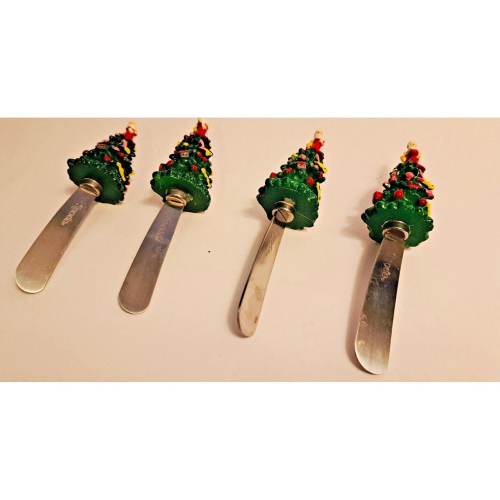 Spode‎ Christmas Tree Cheese Spreaders Set of 4 Santa Topper Stainless Steel